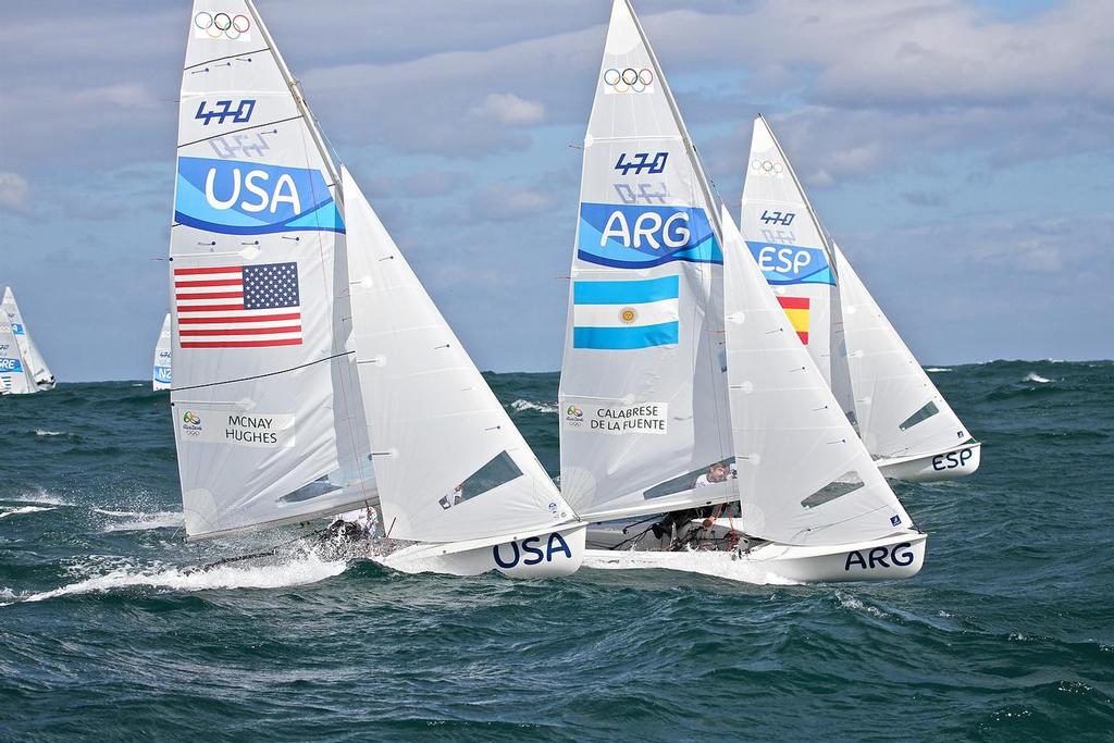 470 crews from USA, Argentina and Spain soon after the start of Race 3 of the Mens 470 © Richard Gladwell www.photosport.co.nz